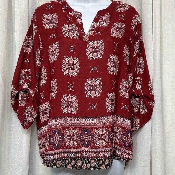 Pink Republic Three-Quarter Sleeve Medallion Mixed Print Multicolor Size S Top - Picture 9 of 15